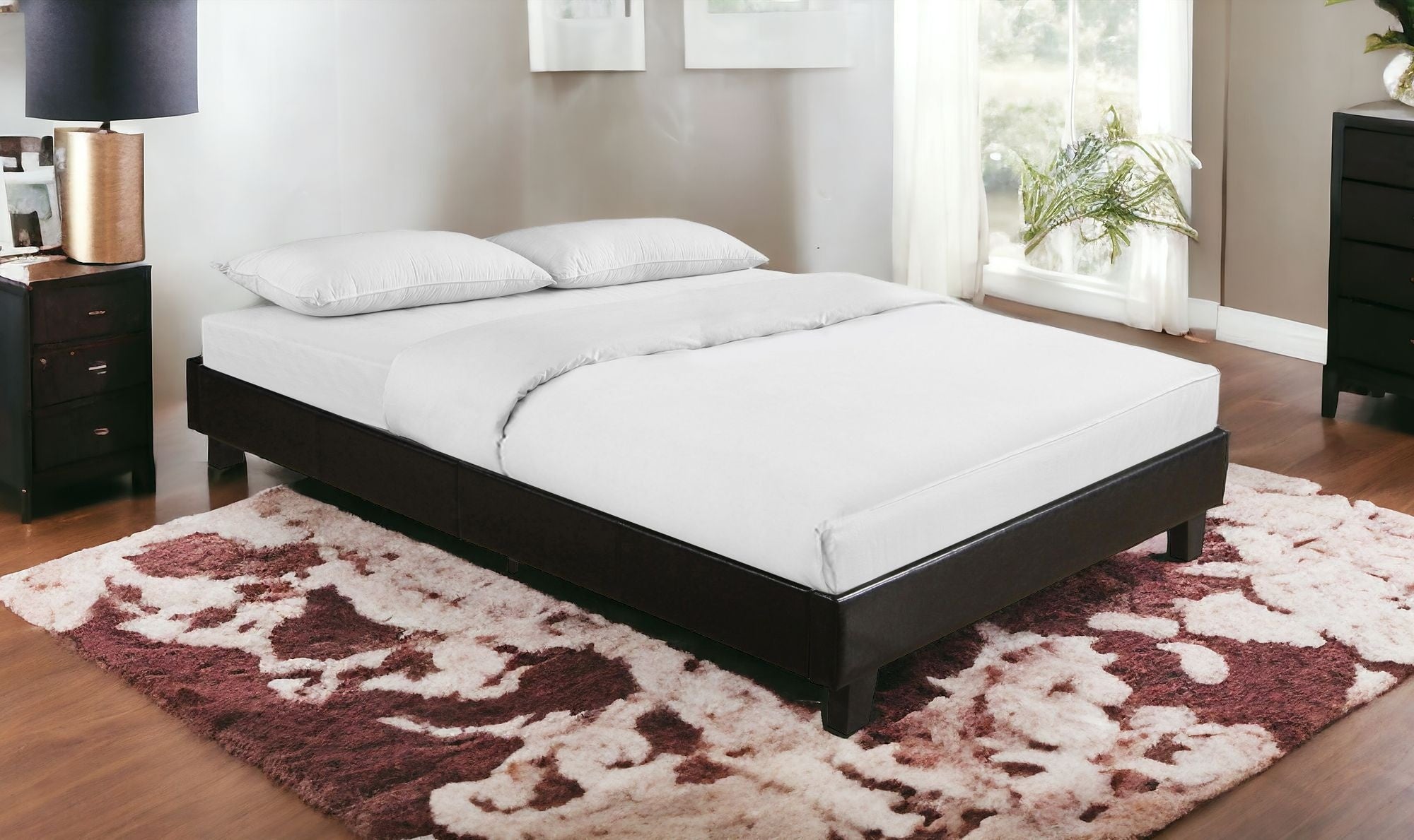 Black Solid and Manufactured Wood King Upholstered Faux Leather Bed Frame