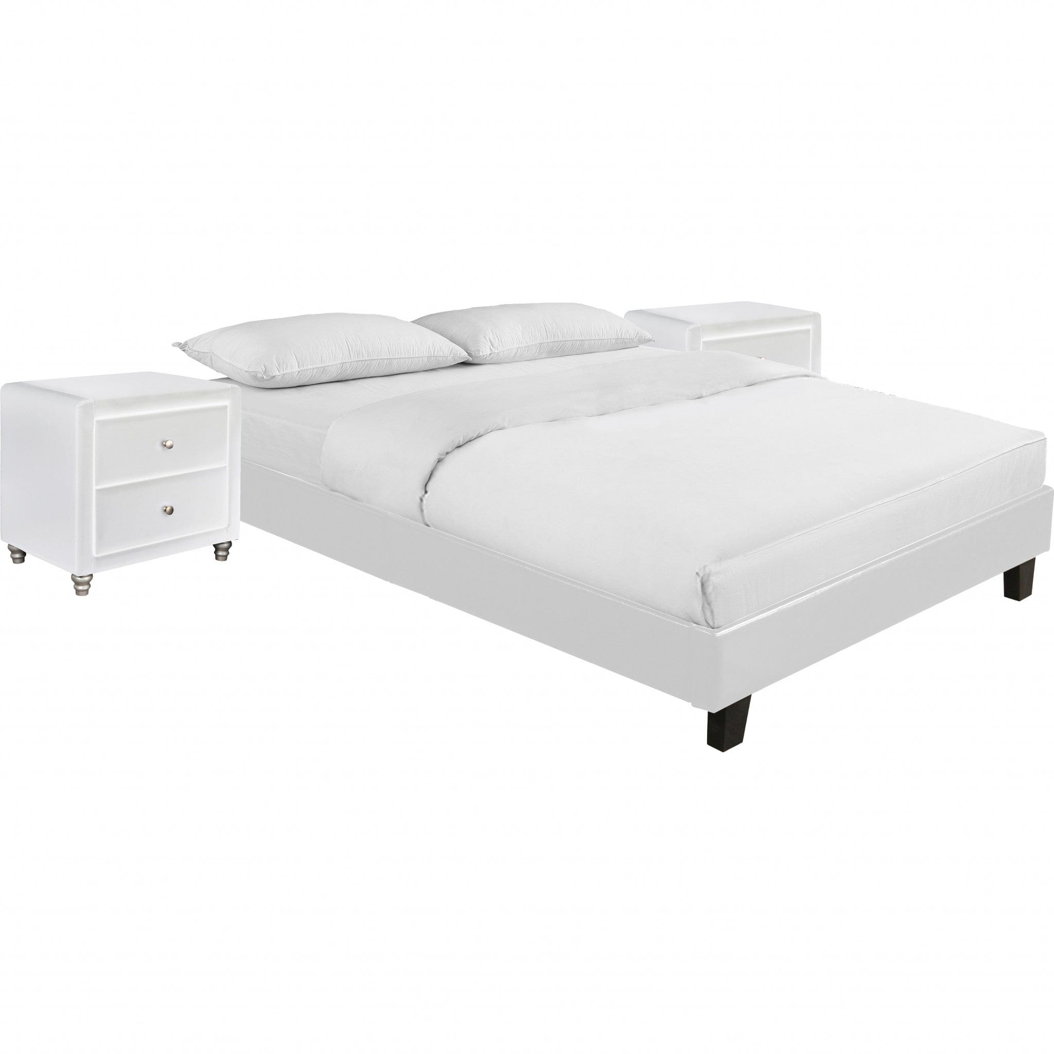 White Platform King Bed with Two Nightstands