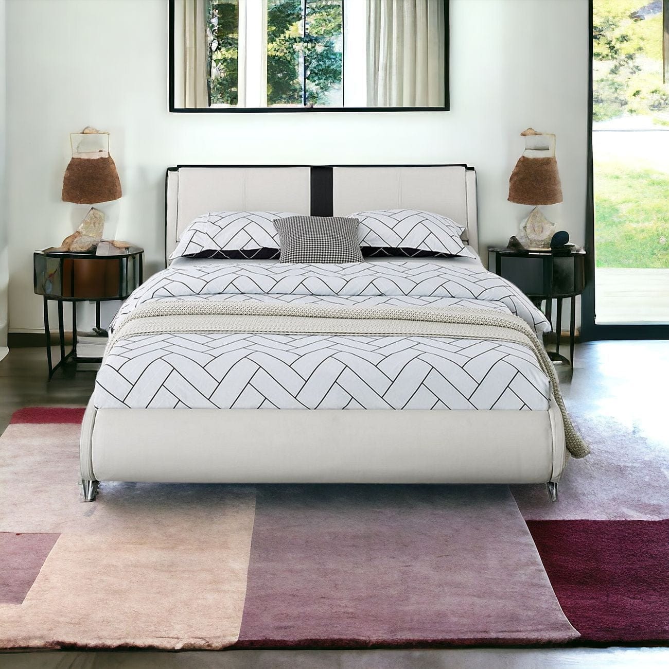 White Solid and Manufactured Wood King Upholstered Faux Leather Bed Frame