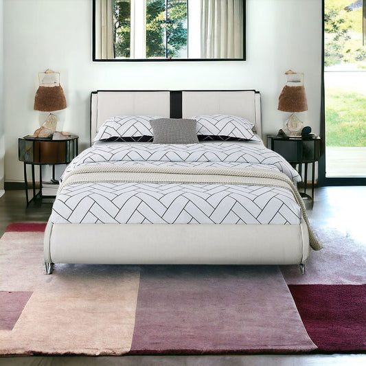 White Solid and Manufactured Wood King Upholstered Faux Leather Bed Frame