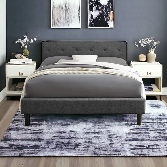 Gray Solid and Manufactured Wood Queen Upholstered Polyester Blend Bed Frame - Homeroots