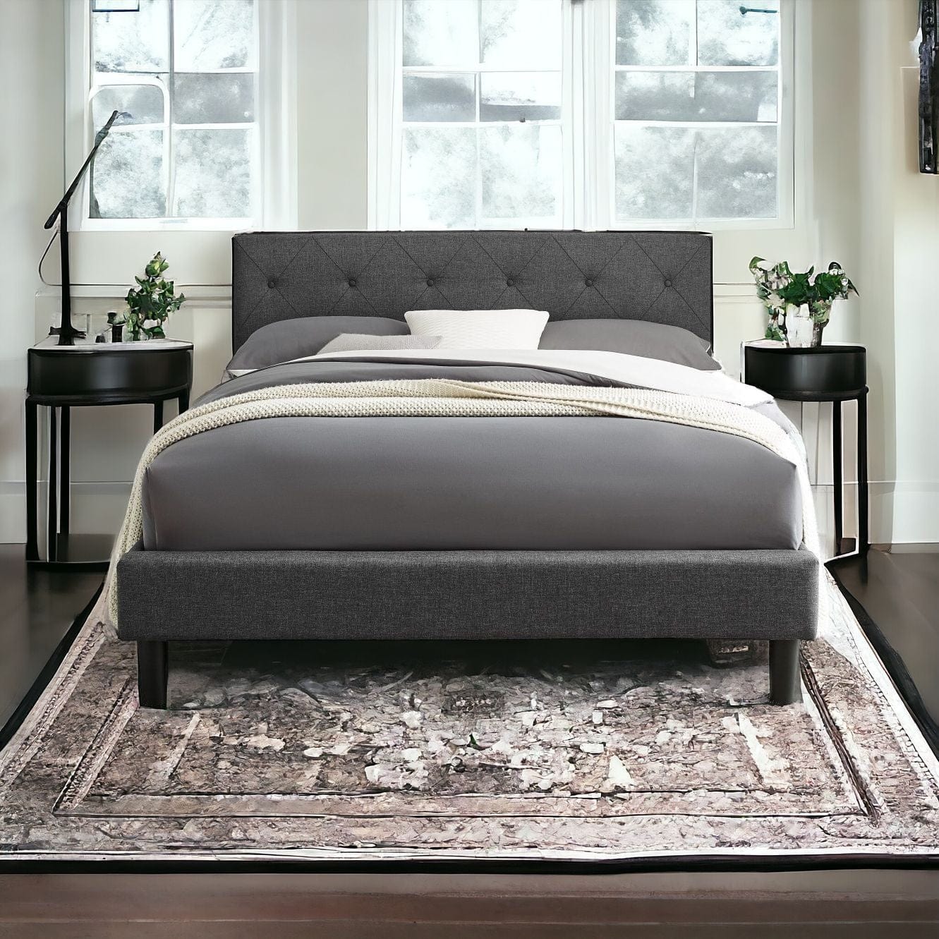 Gray Solid and Manufactured Wood King Tufted Upholstered Polyester Blend Bed Frame - Homeroots