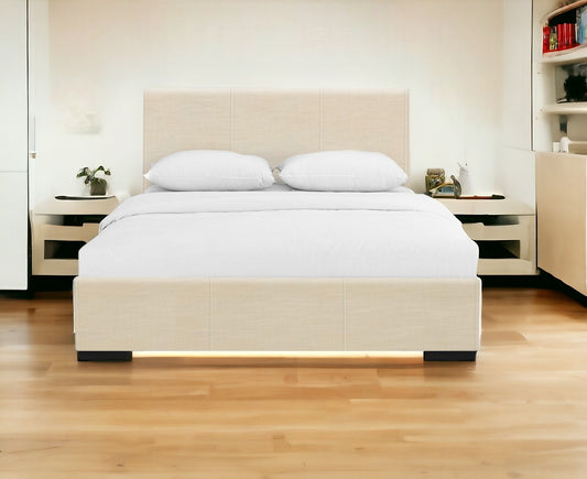 Beige Solid and Manufactured Wood Full Upholstered Faux Leather Bed Frame