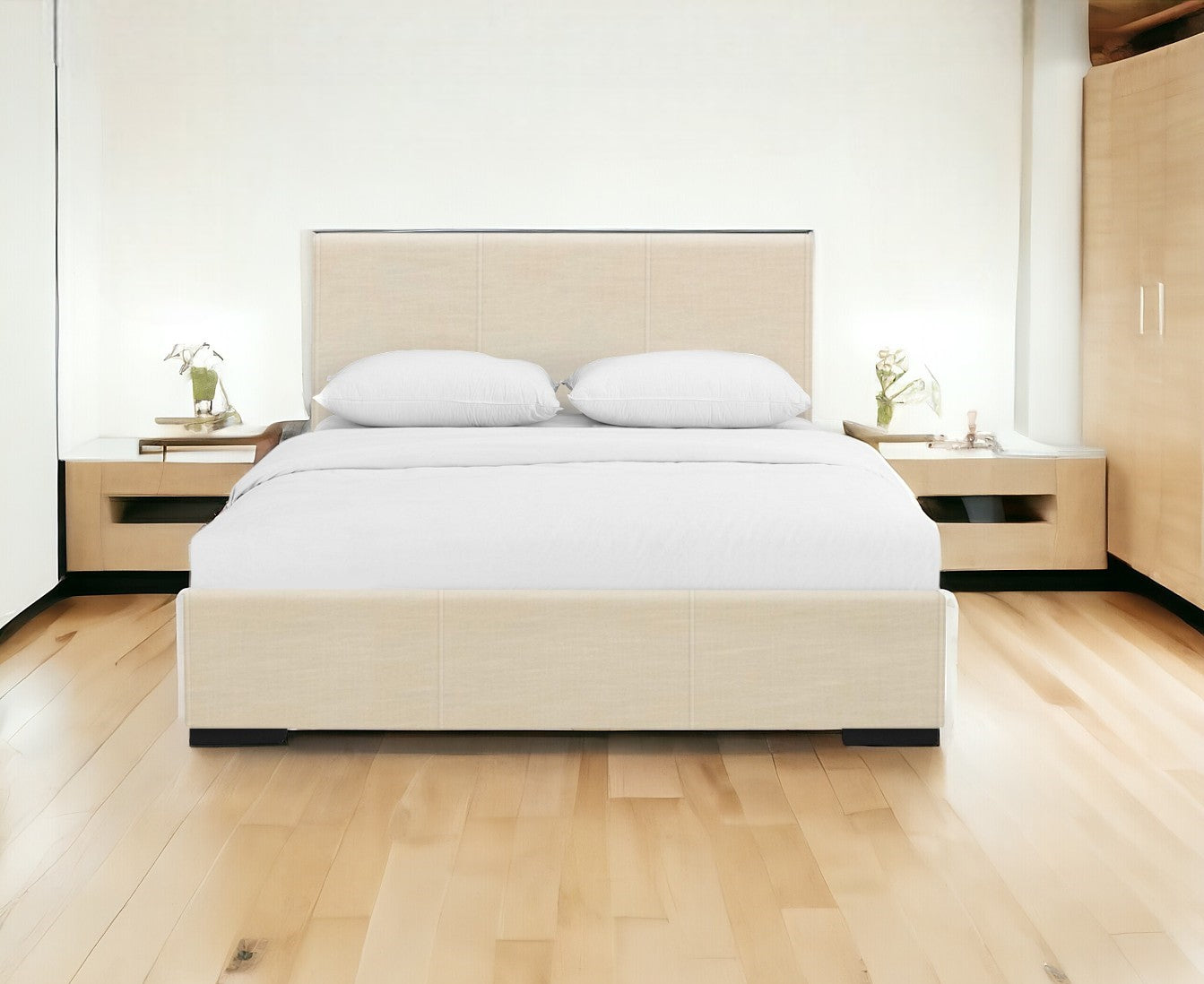 Beige Solid and Manufactured Wood Queen Upholstered Faux Leather Bed Frame