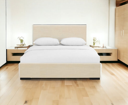 Beige Solid and Manufactured Wood Queen Upholstered Faux Leather Bed Frame