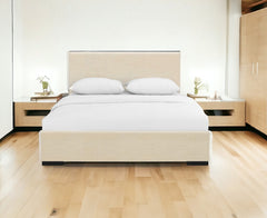 Beige Solid and Manufactured Wood Queen Upholstered Faux Leather Bed Frame