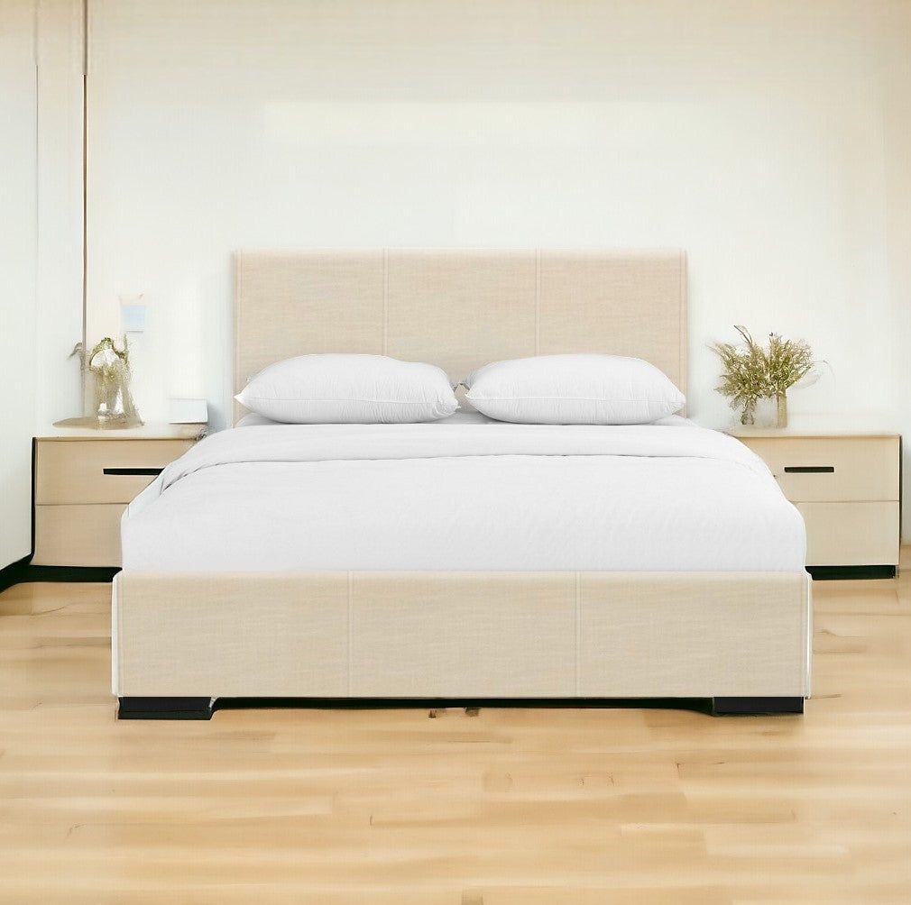 Beige Solid and Manufactured Wood King Upholstered Faux Leather Bed Frame