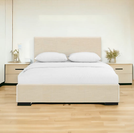 Beige Solid and Manufactured Wood King Upholstered Faux Leather Bed Frame