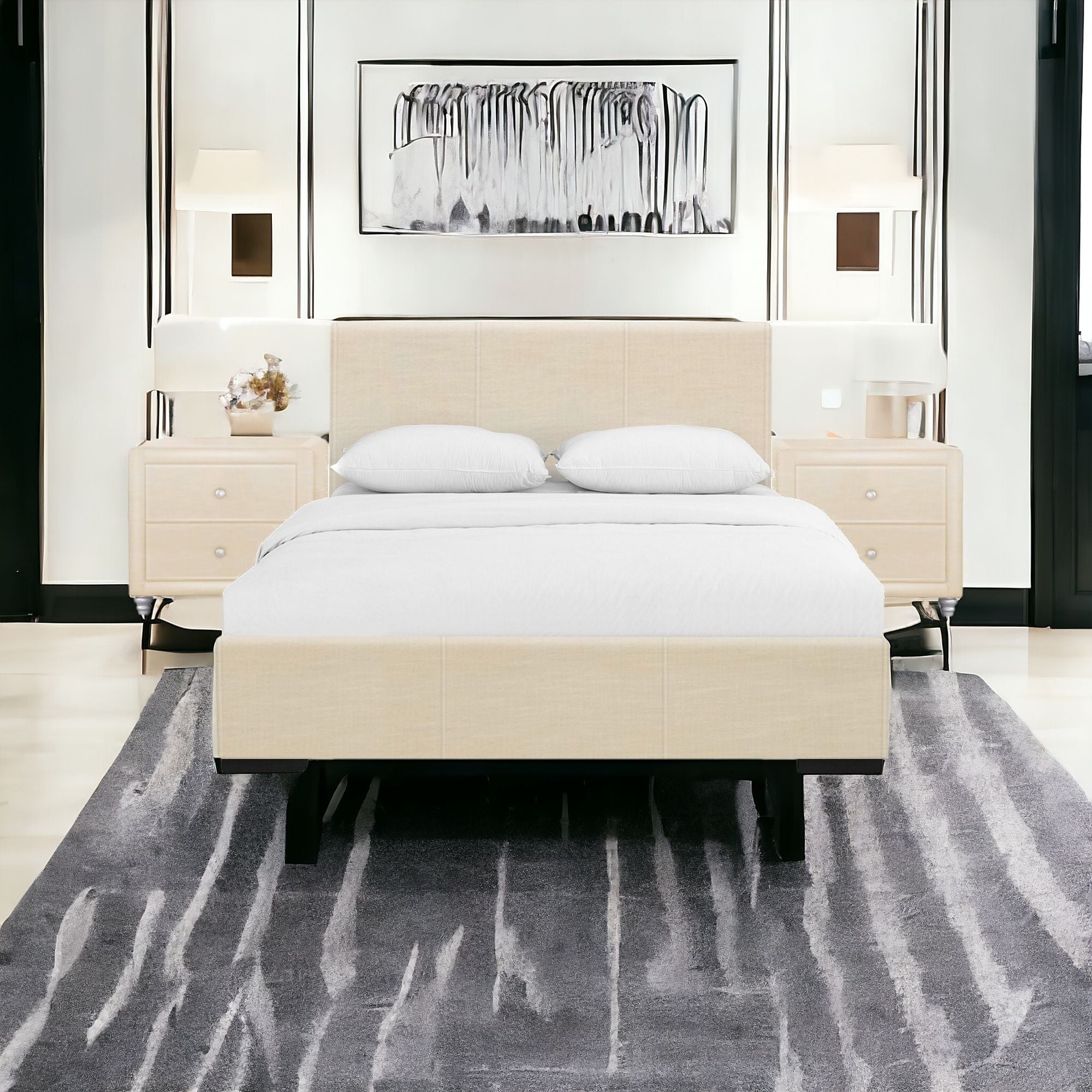 Beige Solid and Manufactured Wood Queen Upholstered Faux Leather Bed Frame