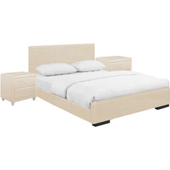 Beige Solid and Manufactured Wood Queen Upholstered Faux Leather Bed Frame