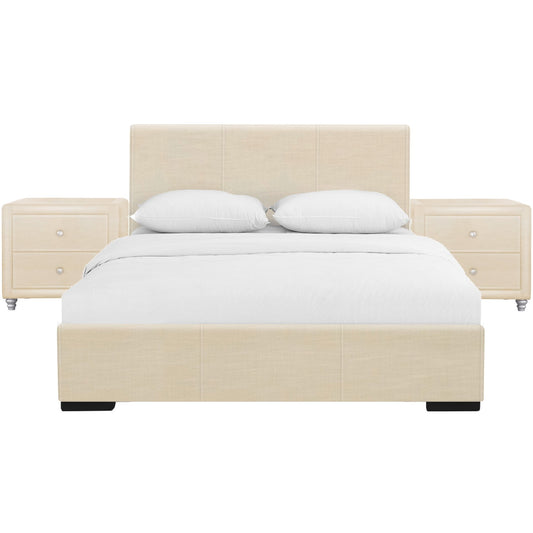 Beige Solid and Manufactured Wood Queen Upholstered Faux Leather Bed Frame