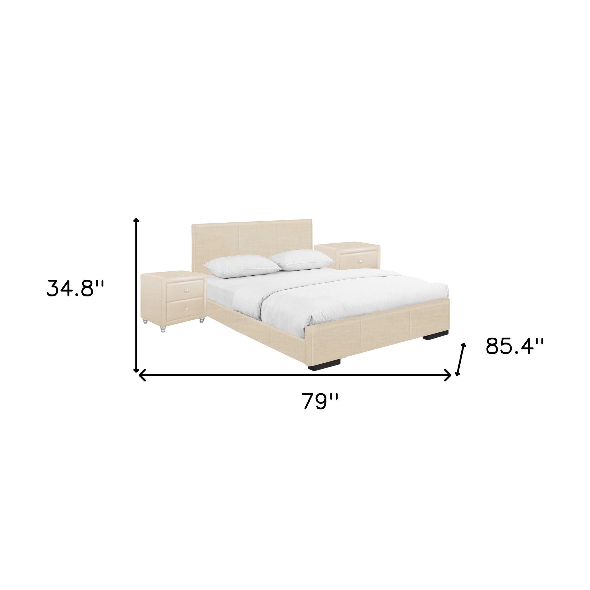 Beige Solid and Manufactured Wood King Upholstered Faux Leather Bed Frame