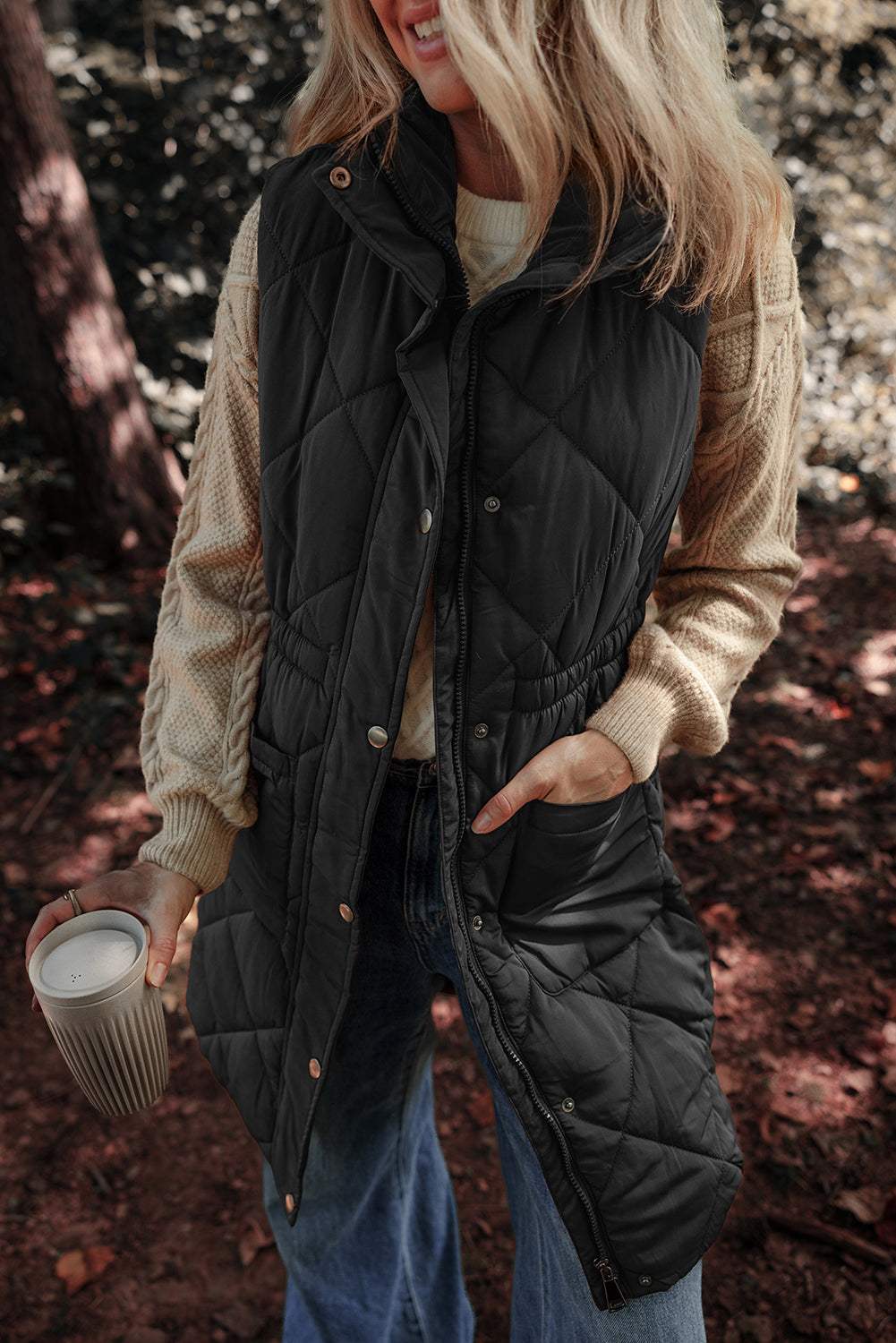 Pocketed Zipper and Button Vest Coat - Trendsi - Flyclothing LLC