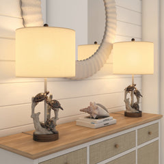 Set of Two 27" Brown Table Lamp With White Drum Shade - Homeroots