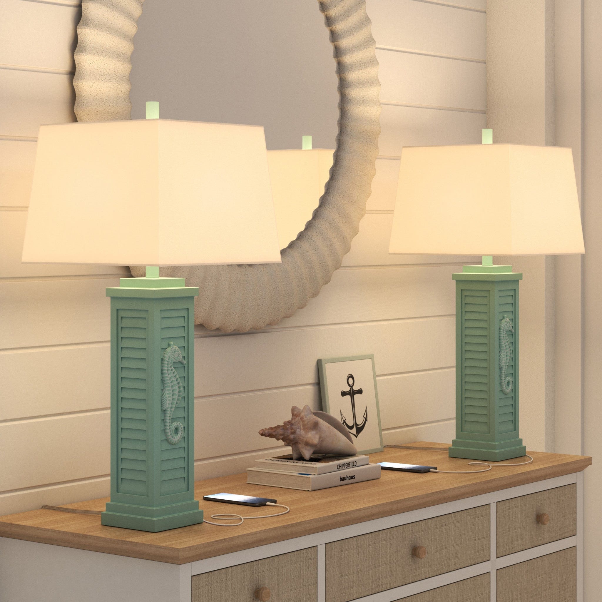 Set of Two 32" Teal Blue Table Lamp With Off White Shade - Homeroots