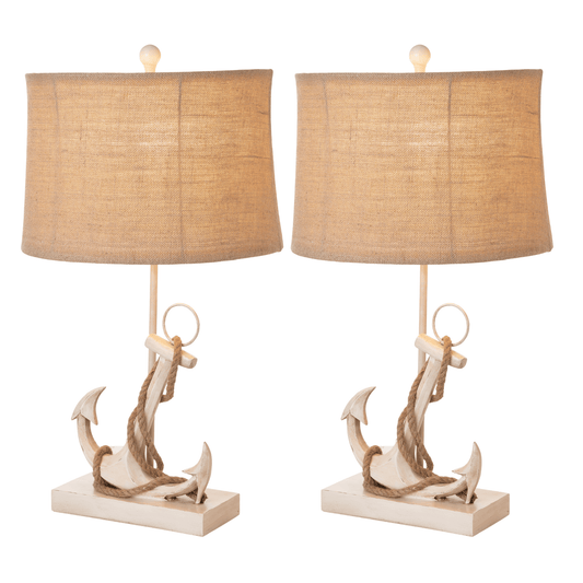 Set of Two Tan and White Anchor Table Lamps - Homeroots