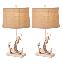 Set of Two Tan and White Anchor Table Lamps - Homeroots
