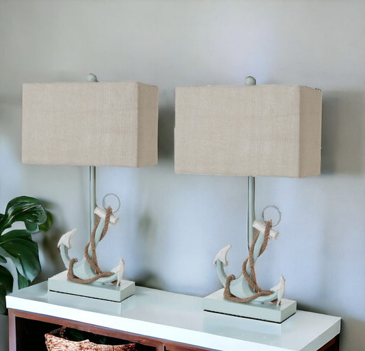Set of Two 28" Blue Coastal Anchor Table Lamps With Beige Shade - Homeroots