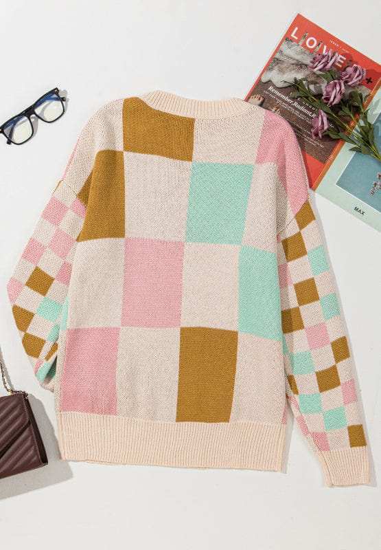 Checkered Round Neck Drop Shoulder Sweater - Trendsi - Flyclothing LLC