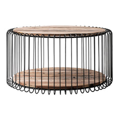 32" Natural And Black Solid Wood And Steel Round Coffee Table With Shelf