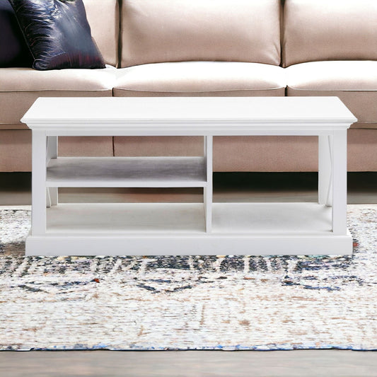 47" White Solid Wood And Solid And Manufactured Wood Coffee Table With Three Shelves - Homeroots