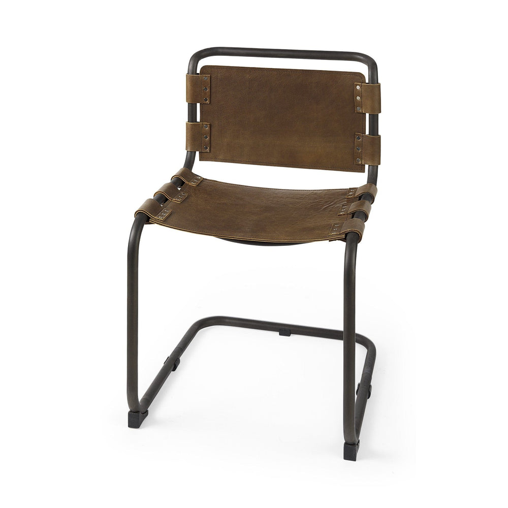 Brown And Black Leather Metal Open Back Dining Side Chair - Homeroots