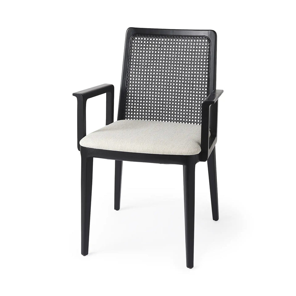 Black and Cream Uholstery and Cane Dining Armchair - Homeroots