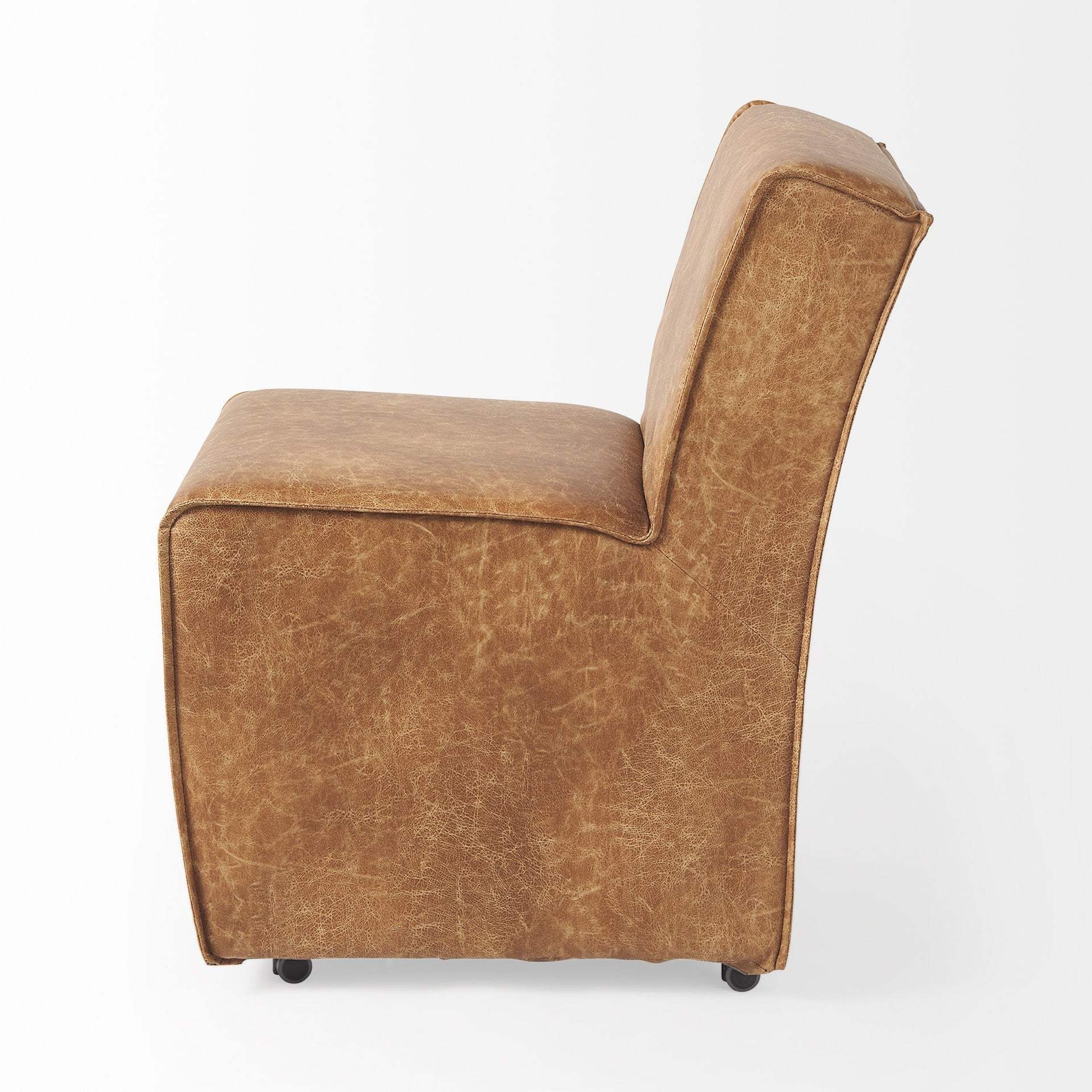 Set Of Two Brown Upholstered Faux Leather Side Chairs With Wheels - Homeroots - Flyclothing LLC