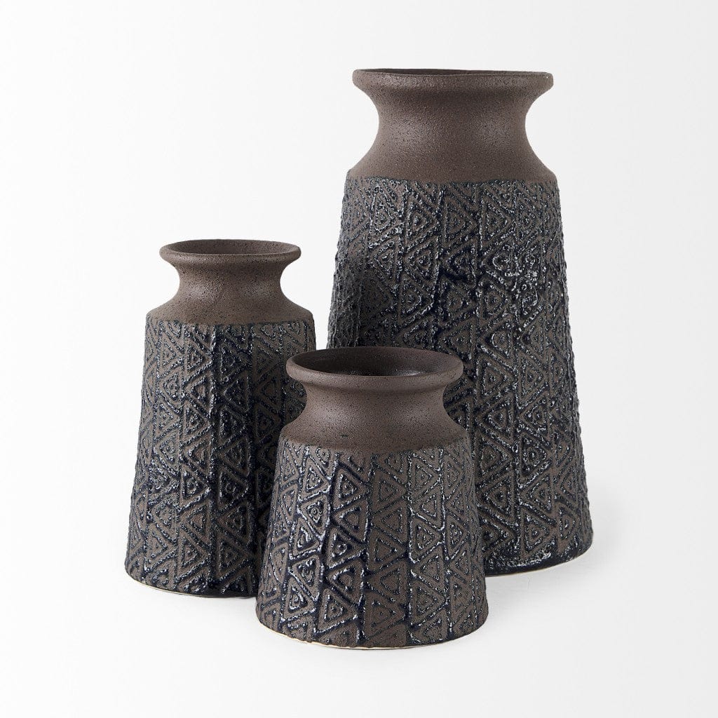 6" Brown and Blue Tribal Ceramic Vase - Homeroots - Flyclothing LLC