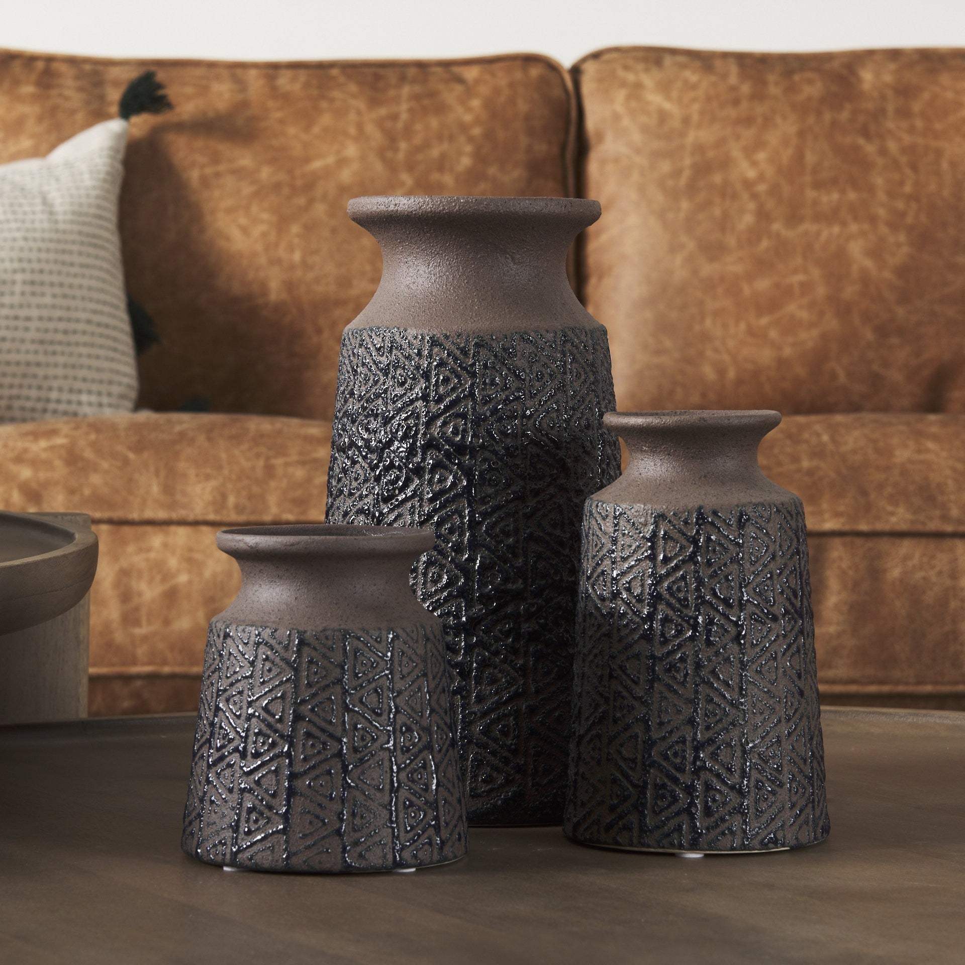 7" Brown and Blue Tribal Ceramic Vase - Homeroots - Flyclothing LLC