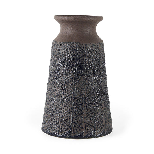 11" Brown and Blue Tribal Ceramic Vase - Homeroots