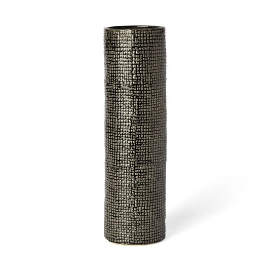 15" Black and Gold Check Tall Ceramic Vase - Homeroots