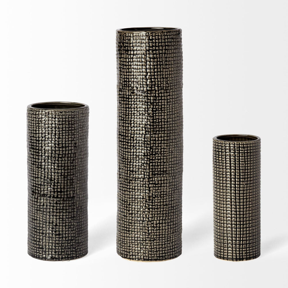 15" Black and Gold Check Tall Ceramic Vase - Homeroots