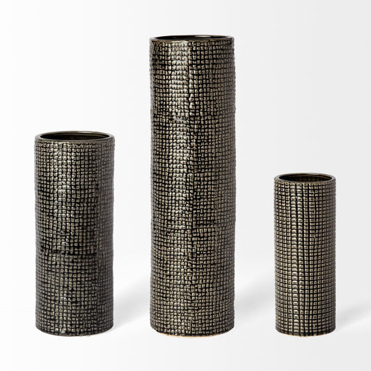 15" Black and Gold Check Tall Ceramic Vase - Homeroots