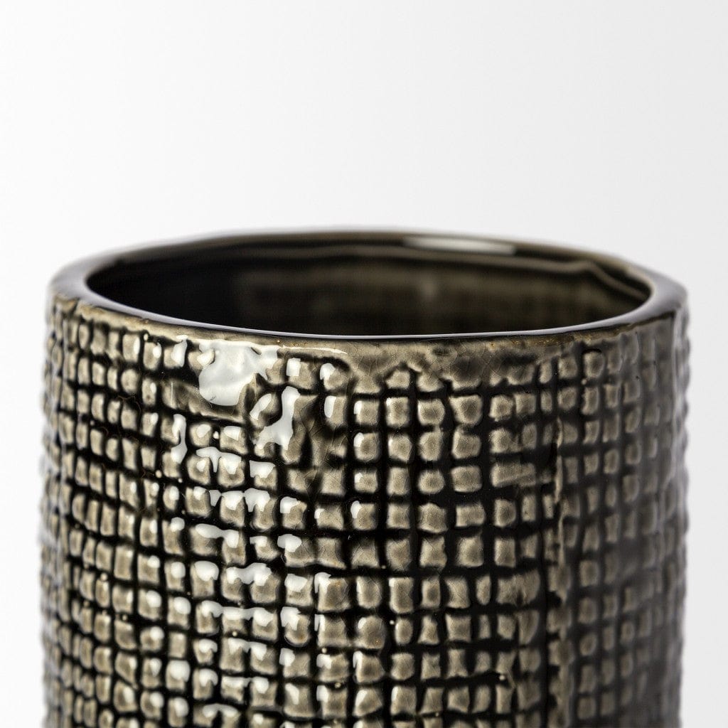 15" Black and Gold Check Tall Ceramic Vase - Homeroots - Flyclothing LLC