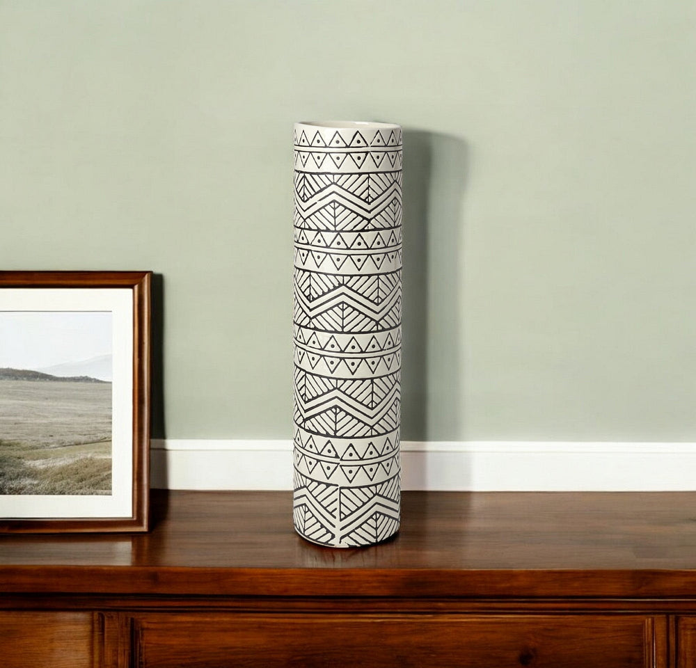 17" Cream and Charcoal Geometric Cylinder Ceramic Vase - Homeroots