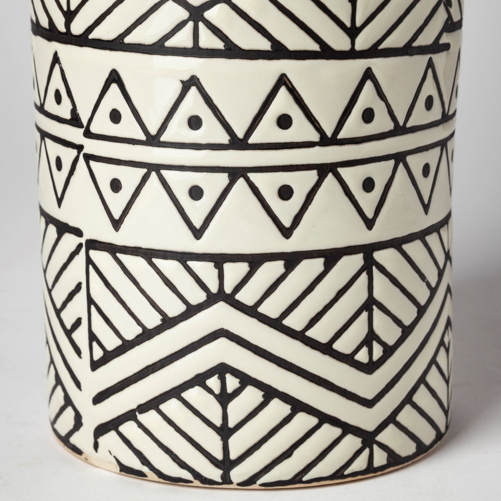 17" Cream and Charcoal Geometric Cylinder Ceramic Vase - Homeroots
