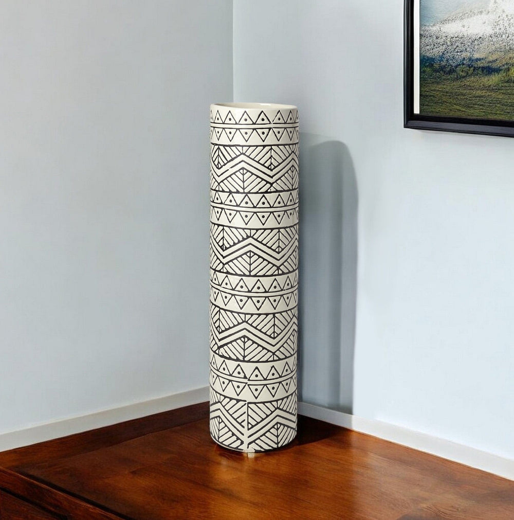 17" Cream and Charcoal Geometric Cylinder Ceramic Vase - Homeroots