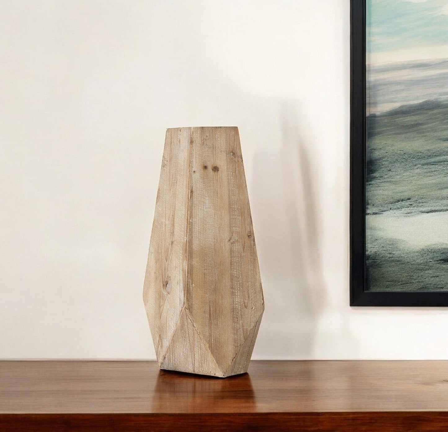 19" Natural Solid Wood Faceted Geometric Table Vase - Homeroots - Flyclothing LLC