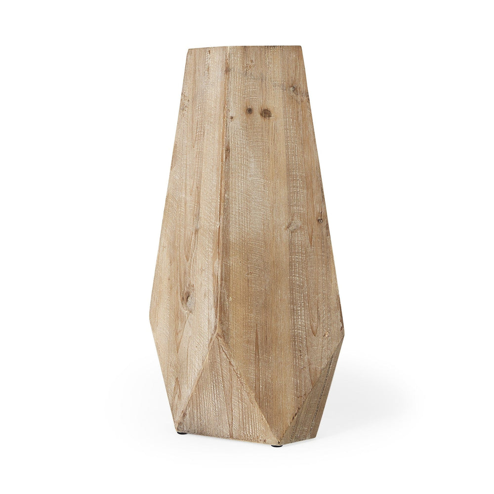19" Natural Solid Wood Faceted Geometric Table Vase - Homeroots
