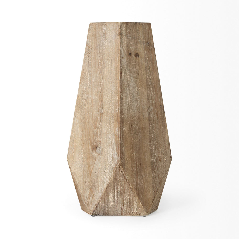 19" Natural Solid Wood Faceted Geometric Table Vase - Homeroots