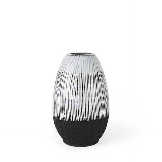 13" Black White and Gray Patterned Lines Ceramic Vase - Homeroots