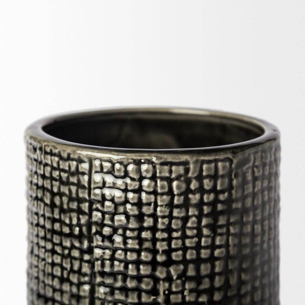 10" Black and Gold Check Tall Ceramic Vase - Homeroots