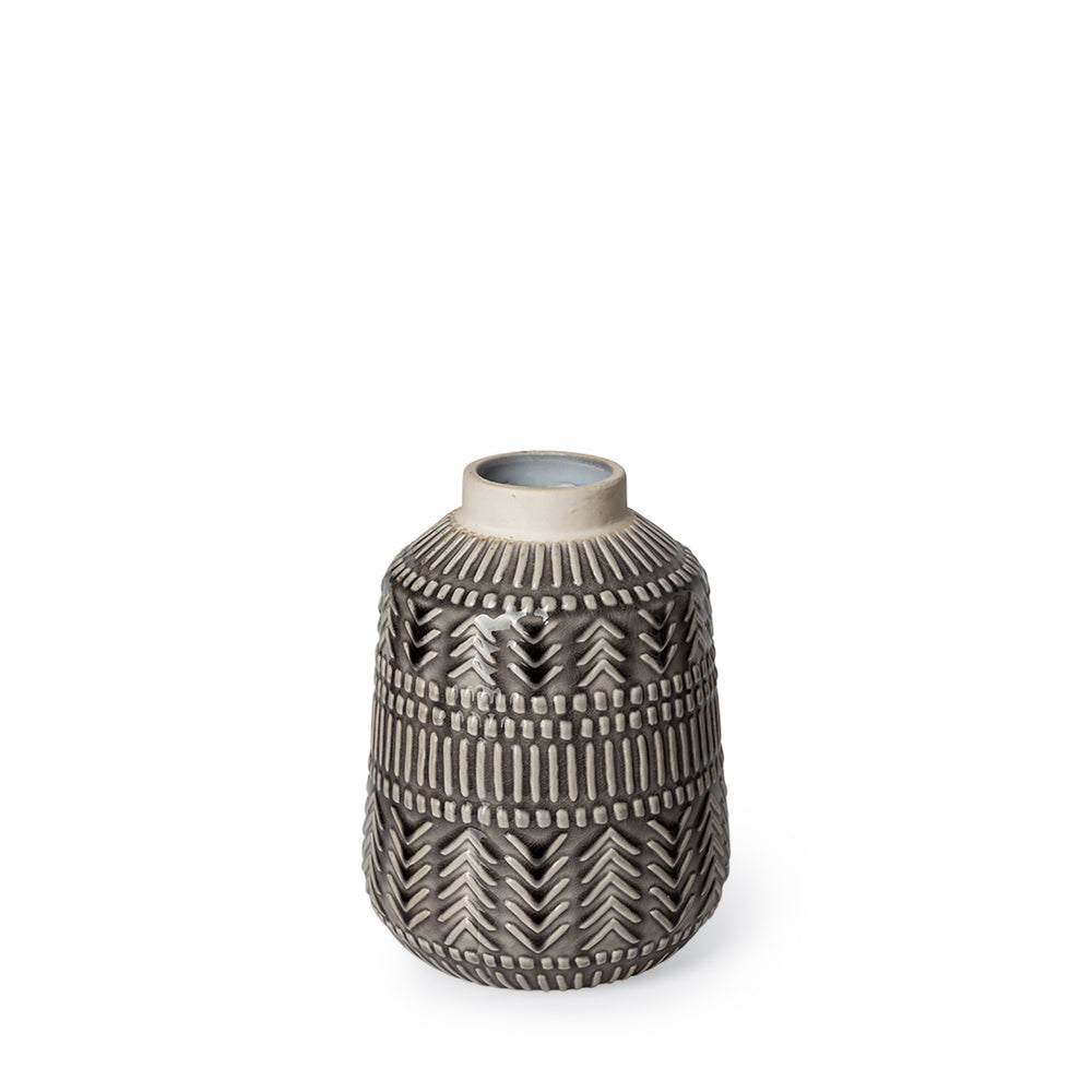 8" Black and Cream Organic Glaze Chevron Embossed Ceramic Vase - Homeroots
