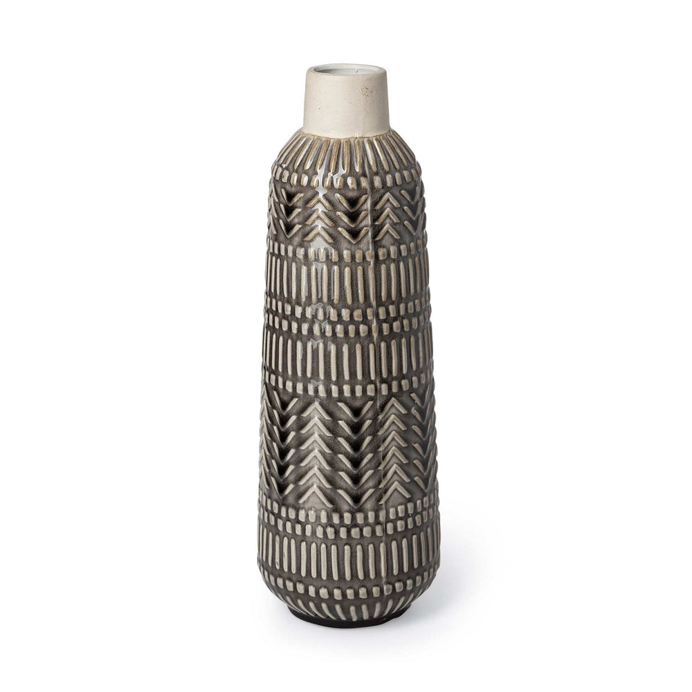 14" Black and Cream Organic Glaze Chevron Embossed Ceramic Vase - Homeroots