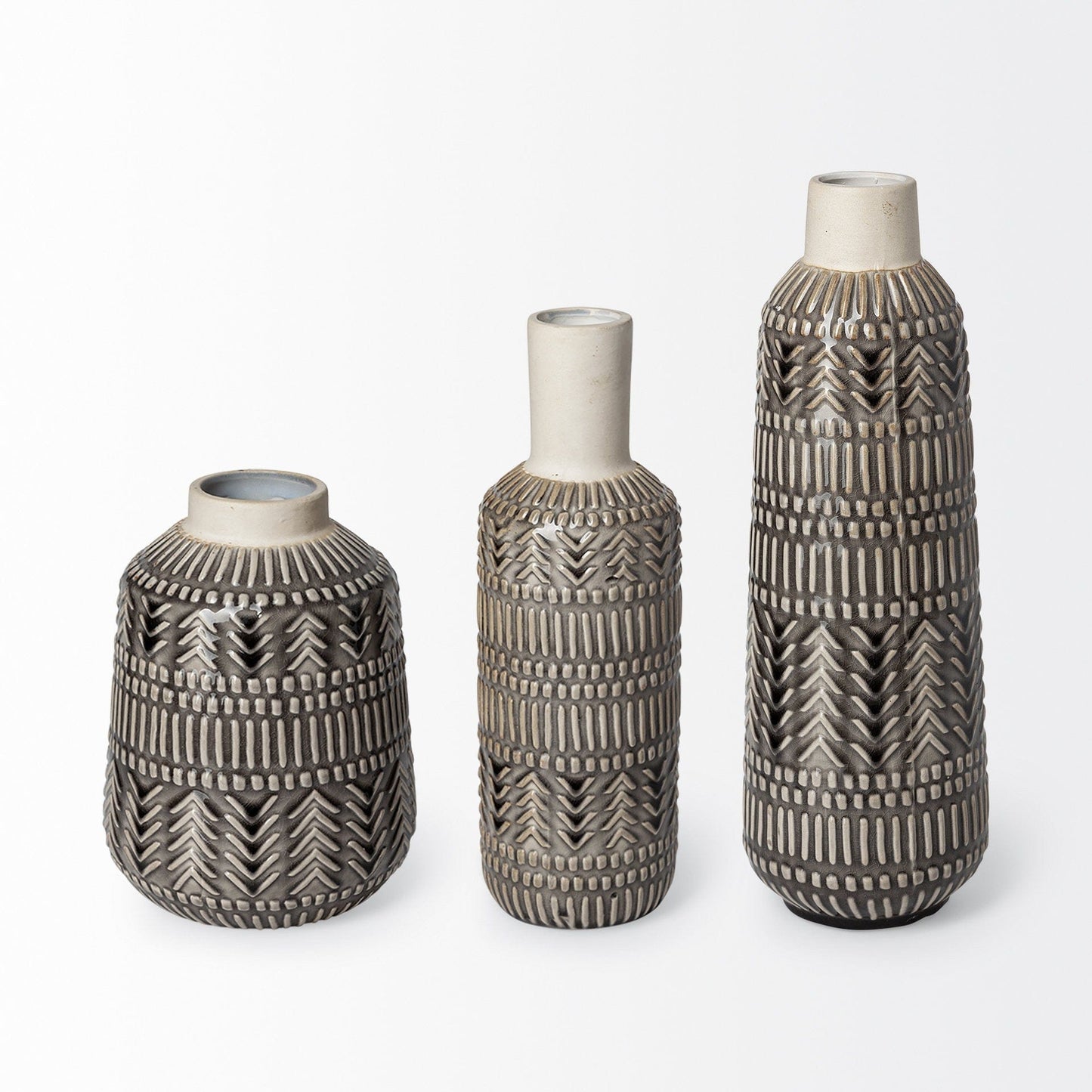 14" Black and Cream Organic Glaze Chevron Embossed Ceramic Vase - Homeroots - Flyclothing LLC