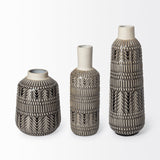 14" Black and Cream Organic Glaze Chevron Embossed Ceramic Vase - Homeroots