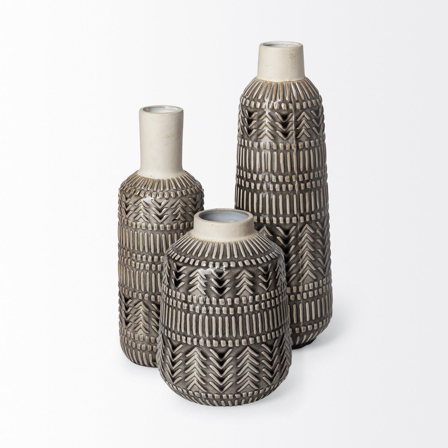 14" Black and Cream Organic Glaze Chevron Embossed Ceramic Vase - Homeroots - Flyclothing LLC
