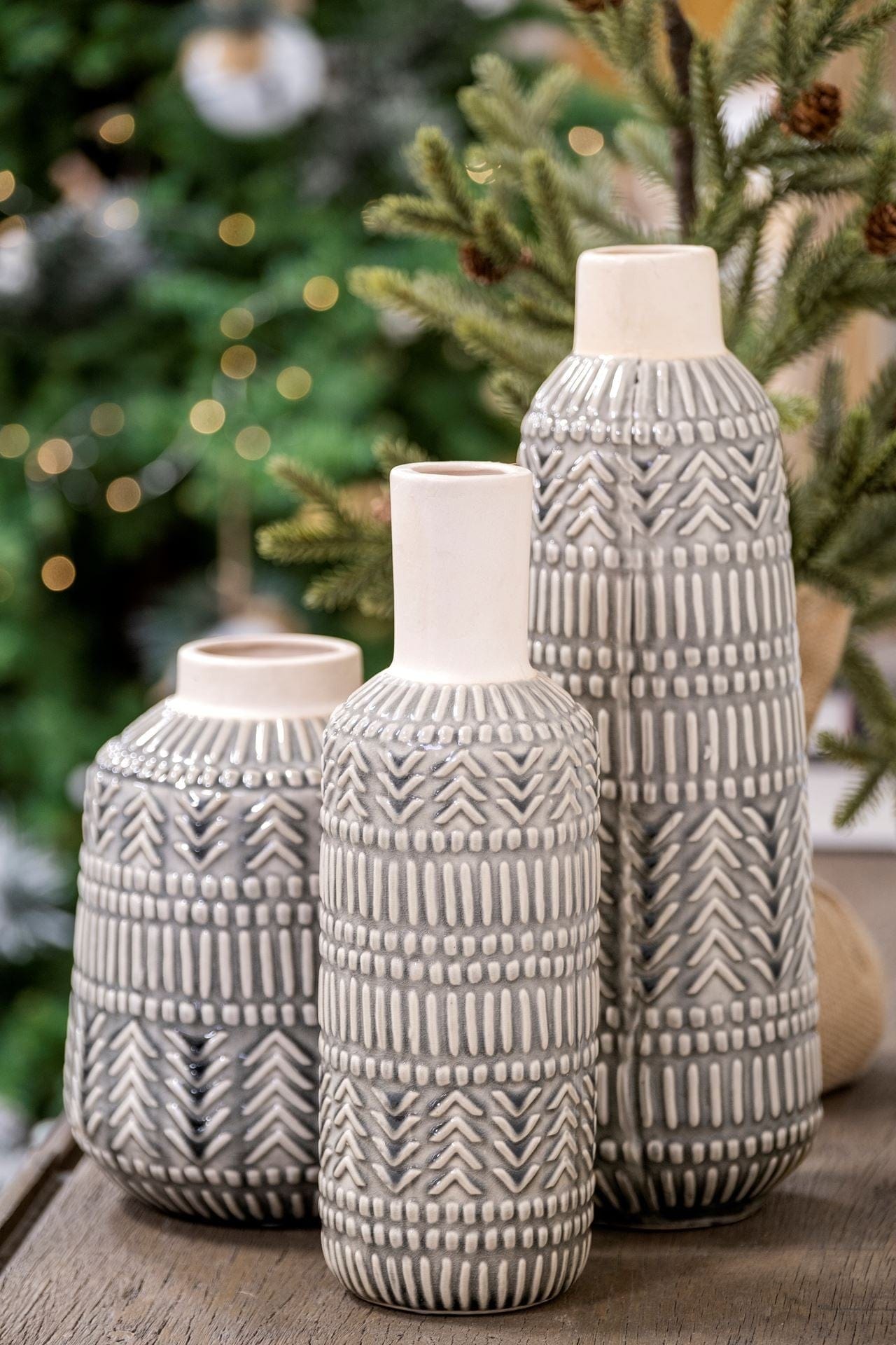14" Black and Cream Organic Glaze Chevron Embossed Ceramic Vase - Homeroots - Flyclothing LLC