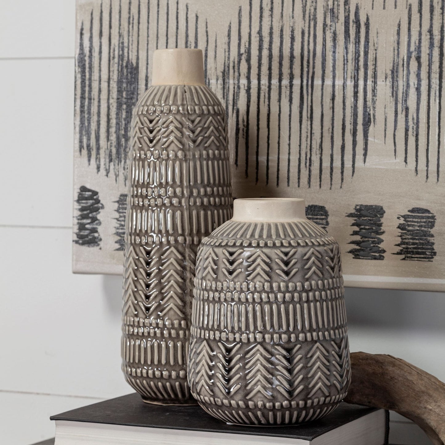 14" Black and Cream Organic Glaze Chevron Embossed Ceramic Vase - Homeroots - Flyclothing LLC